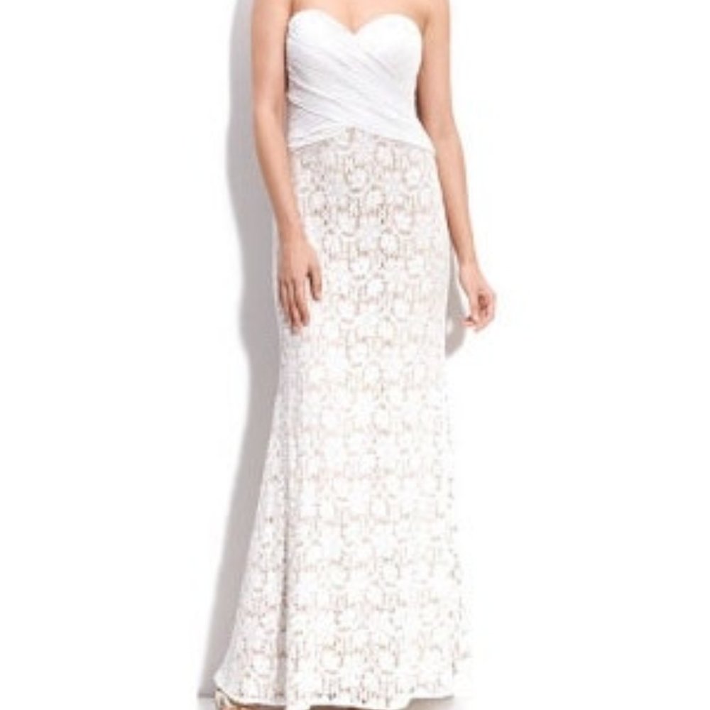 JS Collections Chiffon and Lace White Strapless Gown